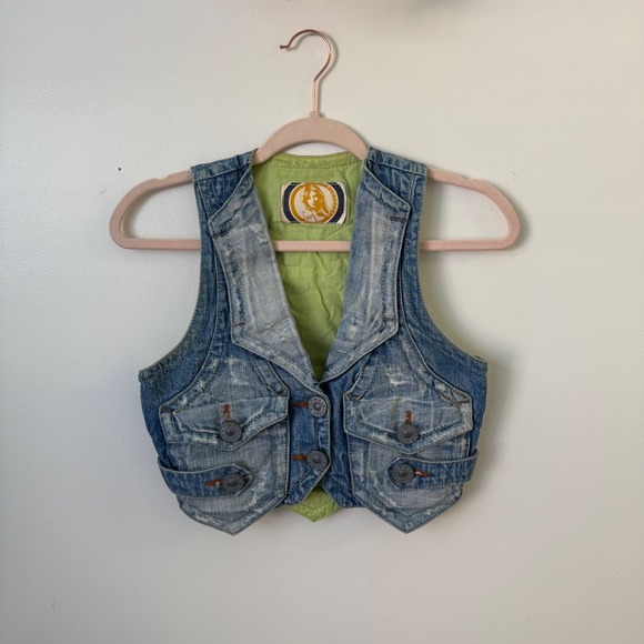 red pepper Tops - Vintage Red Pepper Distressed Denim Vest Y2K Japanese Archive Biker Western SZ S